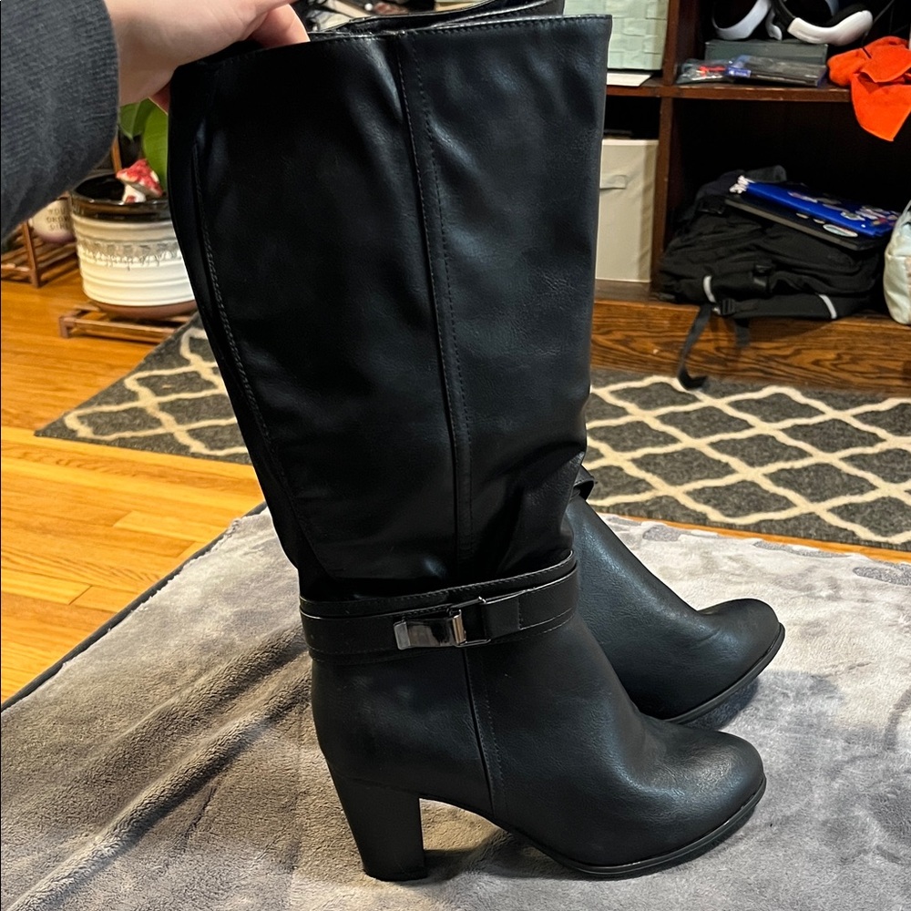 Addition Elle Black Mid-Calf Block Heel Strap Boots with Buckle